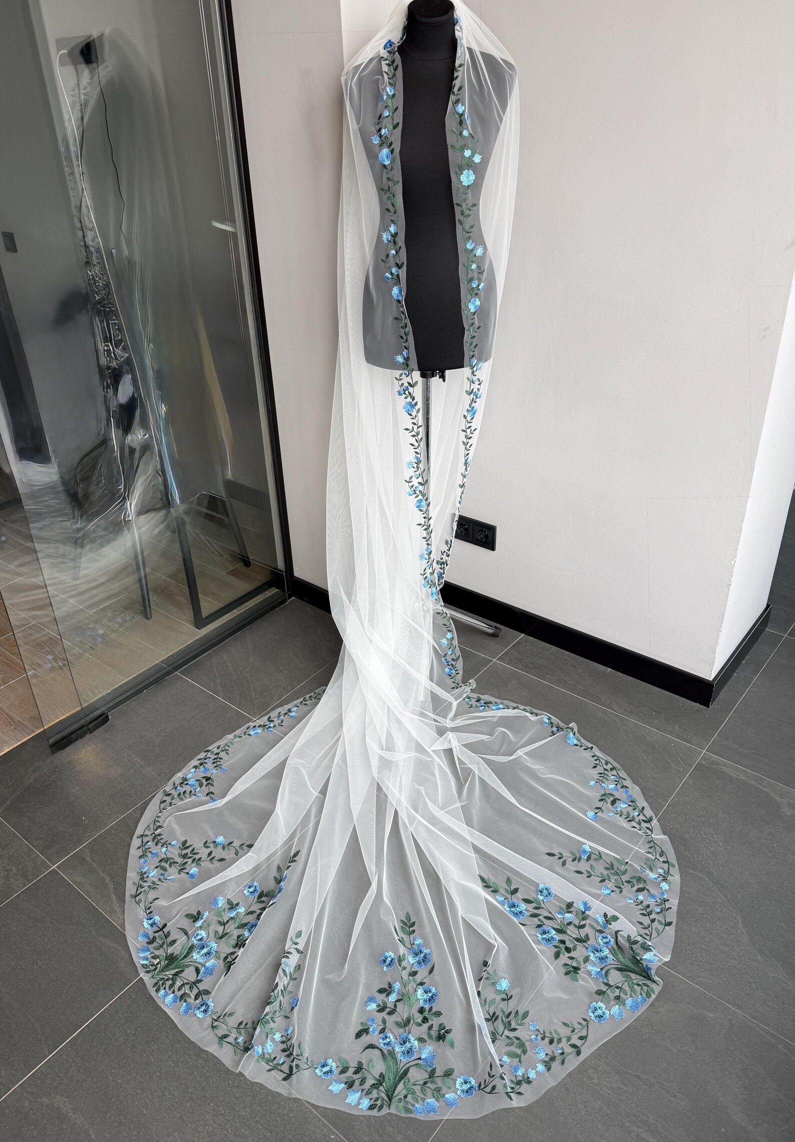 il 1588xN.7733106973 7nw3 Cathedral Wedding Veil with Blue Embroidered Flowers