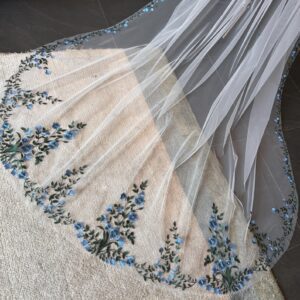 Romantic Blue Floral Embroidered Veil for Bride
