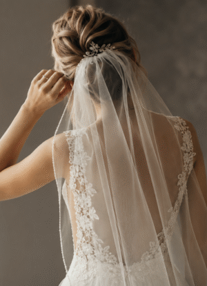 A bride from behind adjusting her hair