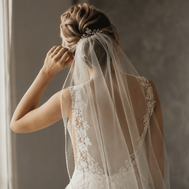 A bride from behind adjusting her hair