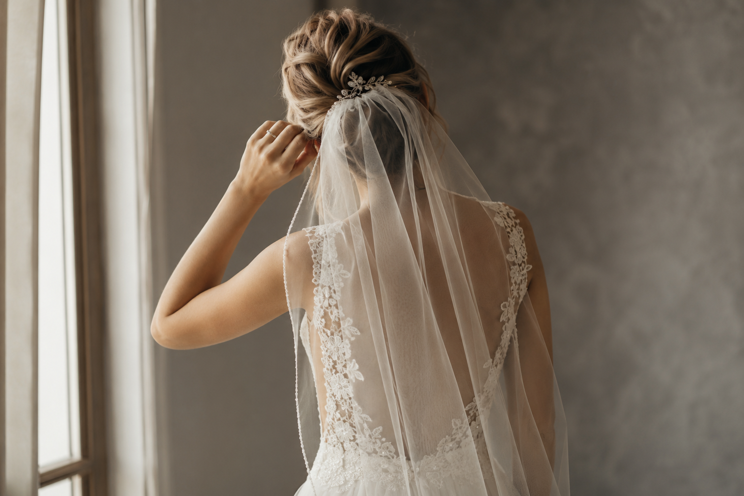 A bride from behind adjusting her hair