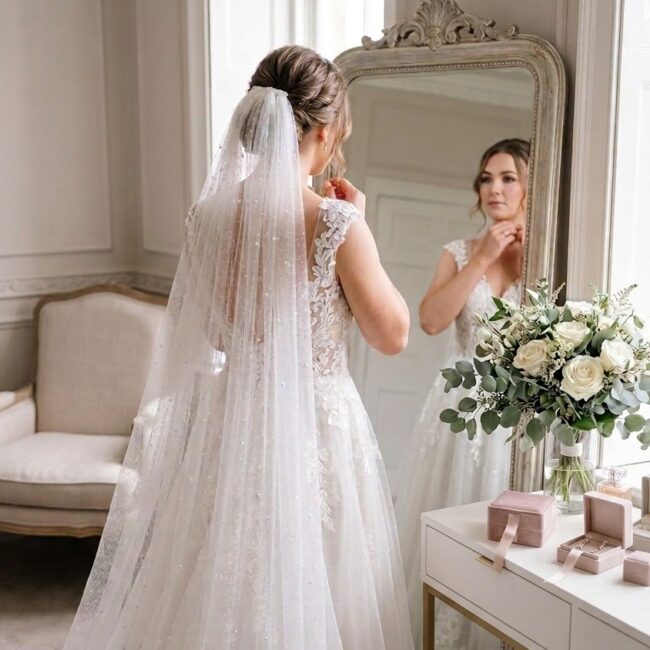 Glitter wedding veil on a bride in an elegant bridal look